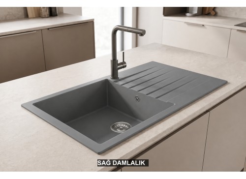 Sağ Damlalıklı 86x50 cm Gri Granit Mutfak Evyesi RealStone Laodikya 86 XL P014 Sağ Damlalıklı 86x50 cm Gri Granit Mutfak Evyesi RealStone Laodikya 86 XL P014