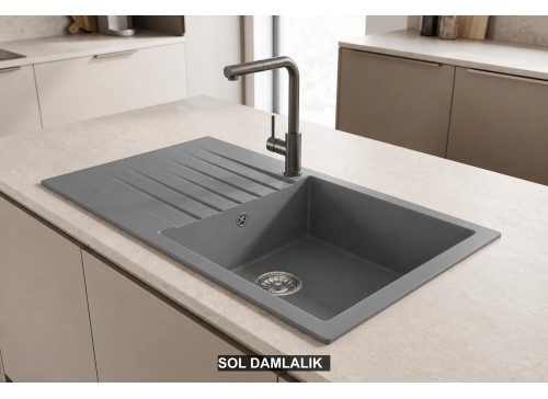 Sol Damlalıklı 86x50 cm Gri Granit Mutfak Evyesi RealStone Laodikya 86 XL P014 Sol Damlalıklı 86x50 cm Gri Granit Mutfak Evyesi RealStone Laodikya 86 XL P014