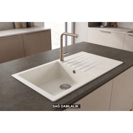 Sağ Damlalıklı 86x50 cm Beyaz Granit Mutfak Evyesi RealStone Laodikya 86 XL P014