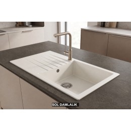 Sol Damlalıklı 86x50 cm Beyaz Granit Mutfak Evyesi RealStone Laodikya 86 XL P014