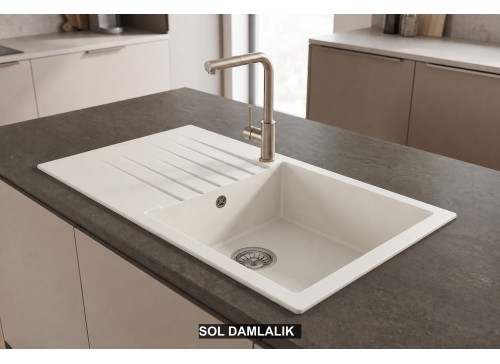 Sol Damlalıklı 86x50 cm Beyaz Granit Mutfak Evyesi RealStone Laodikya 86 XL P014 Sol Damlalıklı 86x50 cm Beyaz Granit Mutfak Evyesi RealStone Laodikya 86 XL P014