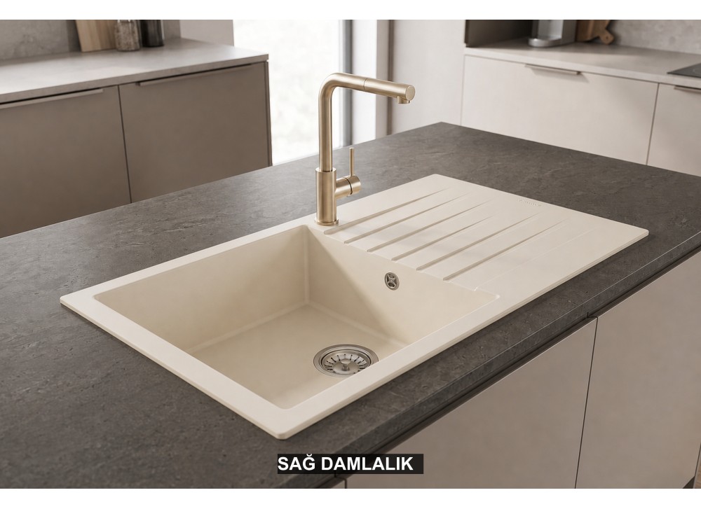 Sağ Damlalıklı 86x50 cm Krem Granit Mutfak Evyesi RealStone Laodikya 86 XL P014 Sağ Damlalıklı 86x50 cm Krem Granit Mutfak Evyesi RealStone Laodikya 86 XL P014
