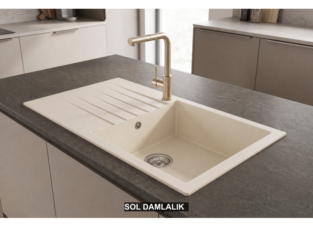 Sol Damlalıklı 86x50 cm Krem Granit Mutfak Evyesi RealStone Laodikya 86 XL P014 Sol Damlalıklı 86x50 cm Krem Granit Mutfak Evyesi RealStone Laodikya 86 XL P014