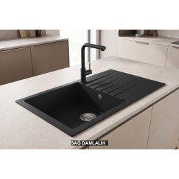 Sağ Damlalıklı 86x50 cm Siyah Granit Mutfak Evyesi RealStone Laodikya 86 XL P014