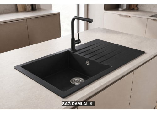 Sağ Damlalıklı 86x50 cm Siyah Granit Mutfak Evyesi RealStone Laodikya 86 XL P014 Sağ Damlalıklı 86x50 cm Siyah Granit Mutfak Evyesi RealStone Laodikya 86 XL P014