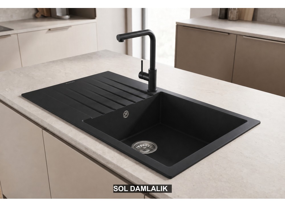 Sol Damlalıklı 86x50 cm Siyah Granit Mutfak Evyesi RealStone Laodikya 86 XL P014 Sol Damlalıklı 86x50 cm Siyah Granit Mutfak Evyesi RealStone Laodikya 86 XL P014