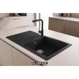 Sol Damlalıklı 86x50 cm Siyah Granit Mutfak Evyesi RealStone Laodikya 86 XL P014
