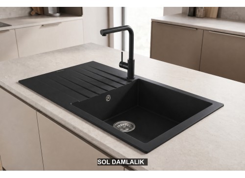 Sol Damlalıklı 86x50 cm Siyah Granit Mutfak Evyesi RealStone Laodikya 86 XL P014 Sol Damlalıklı 86x50 cm Siyah Granit Mutfak Evyesi RealStone Laodikya 86 XL P014