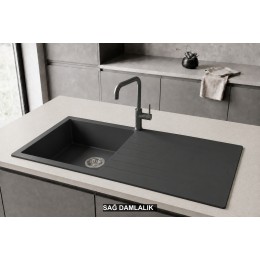 Sağ Damlalıklı 100x50 cm Antrasit Granit Mutfak Evyesi RealStone Laodikya 100 XL P015