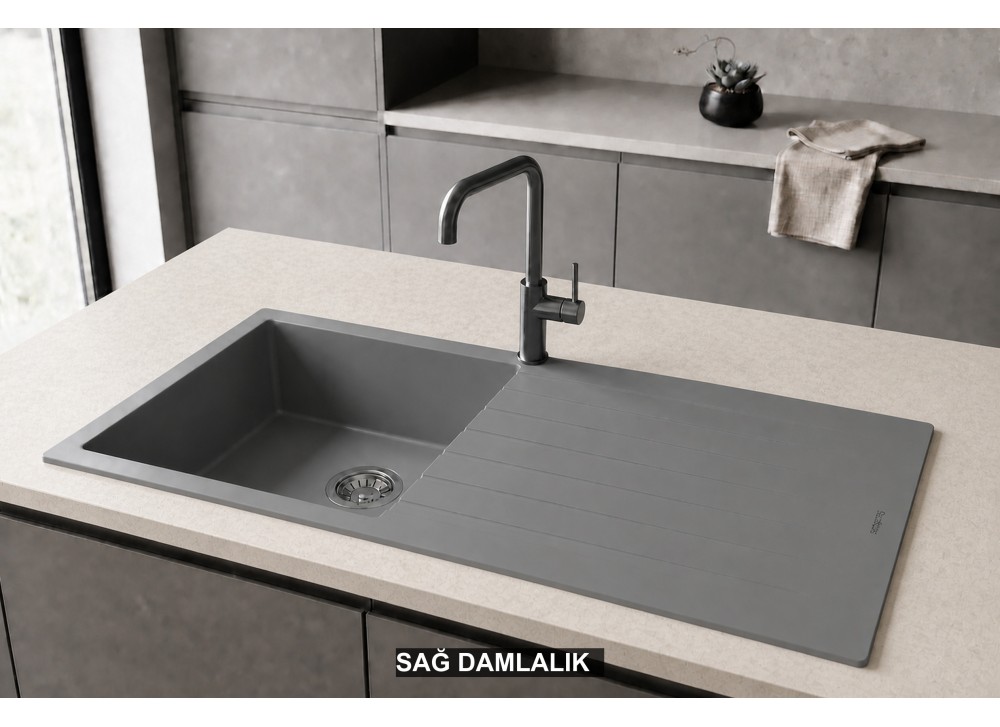 Sağ Damlalıklı 100x50 cm Gri Granit Mutfak Evyesi RealStone Laodikya 100 XL P015 Sağ Damlalıklı 100x50 cm Gri Granit Mutfak Evyesi RealStone Laodikya 100 XL P015
