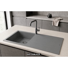 Sağ Damlalıklı 100x50 cm Gri Granit Mutfak Evyesi RealStone Laodikya 100 XL P015