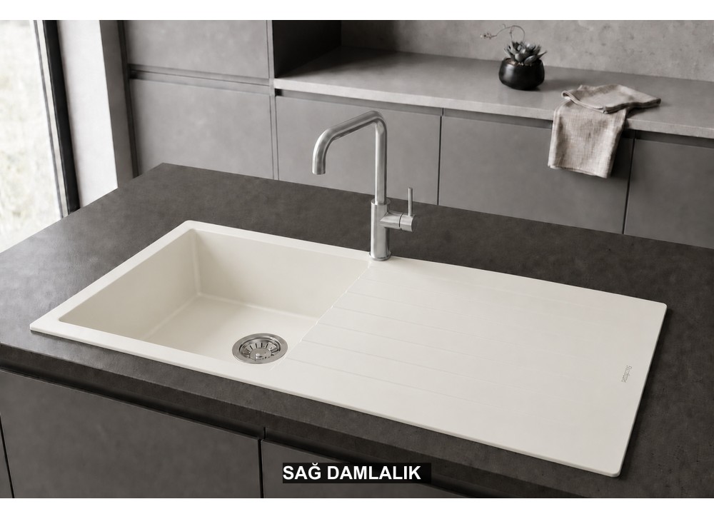 Sağ Damlalıklı 100x50 cm Beyaz Granit Mutfak Evyesi RealStone Laodikya 100 XL P015 Sağ Damlalıklı 100x50 cm Beyaz Granit Mutfak Evyesi RealStone Laodikya 100 XL P015