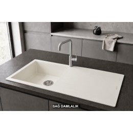 Sağ Damlalıklı 100x50 cm Beyaz Granit Mutfak Evyesi RealStone Laodikya 100 XL P015
