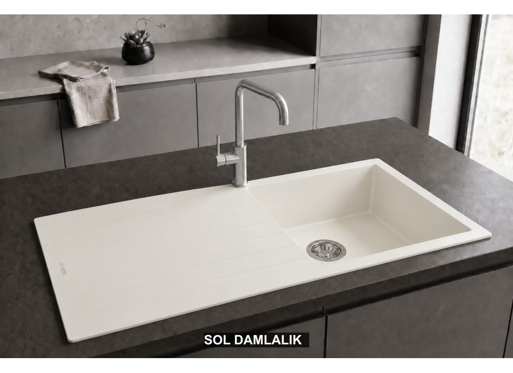 Sol Damlalıklı 100x50 cm Beyaz Granit Mutfak Evyesi RealStone Laodikya 100 XL P015 Sol Damlalıklı 100x50 cm Beyaz Granit Mutfak Evyesi RealStone Laodikya 100 XL P015