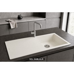Sol Damlalıklı 100x50 cm Beyaz Granit Mutfak Evyesi RealStone Laodikya 100 XL P015