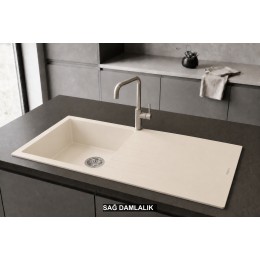 Sağ Damlalıklı 100x50 cm Krem Granit Mutfak Evyesi RealStone Laodikya 100 XL P015