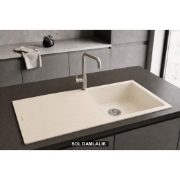Sol Damlalıklı 100x50 cm Krem Granit Mutfak Evyesi RealStone Laodikya 100 XL P015