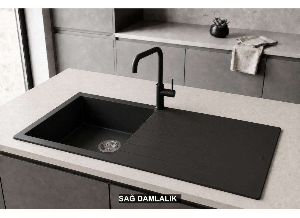 Sağ Damlalıklı 100x50 cm Siyah Granit Mutfak Evyesi RealStone Laodikya 100 XL P015 Sağ Damlalıklı 100x50 cm Siyah Granit Mutfak Evyesi RealStone Laodikya 100 XL P015