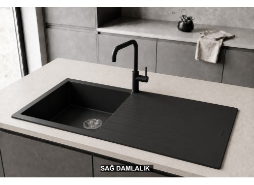 Sağ Damlalıklı 100x50 cm Siyah Granit Mutfak Evyesi RealStone Laodikya 100 XL P015 Sağ Damlalıklı 100x50 cm Siyah Granit Mutfak Evyesi RealStone Laodikya 100 XL P015