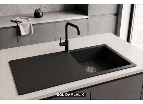 Sol Damlalıklı 100x50 cm Siyah Granit Mutfak Evyesi RealStone Laodikya 100 XL P015 Sol Damlalıklı 100x50 cm Siyah Granit Mutfak Evyesi RealStone Laodikya 100 XL P015