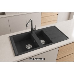 Sağ Damlalıklı 100x50 cm Antrasit Granit Mutfak Evyesi RealStone Salda 100 P013