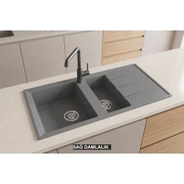 Sağ Damlalıklı 100x50 cm Gri Granit Mutfak Evyesi RealStone Salda 100 P013