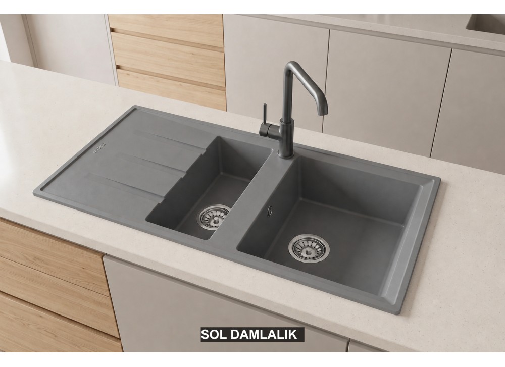 Sol Damlalıklı 100x50 cm Gri Granit Mutfak Evyesi RealStone Salda 100 P013 Sol Damlalıklı 100x50 cm Gri Granit Mutfak Evyesi RealStone Salda 100 P013