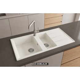 Sağ Damlalıklı 100x50 cm Beyaz Granit Mutfak Evyesi RealStone Salda 100 P013