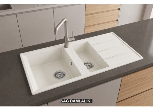 Sağ Damlalıklı 100x50 cm Beyaz Granit Mutfak Evyesi RealStone Salda 100 P013 Sağ Damlalıklı 100x50 cm Beyaz Granit Mutfak Evyesi RealStone Salda 100 P013