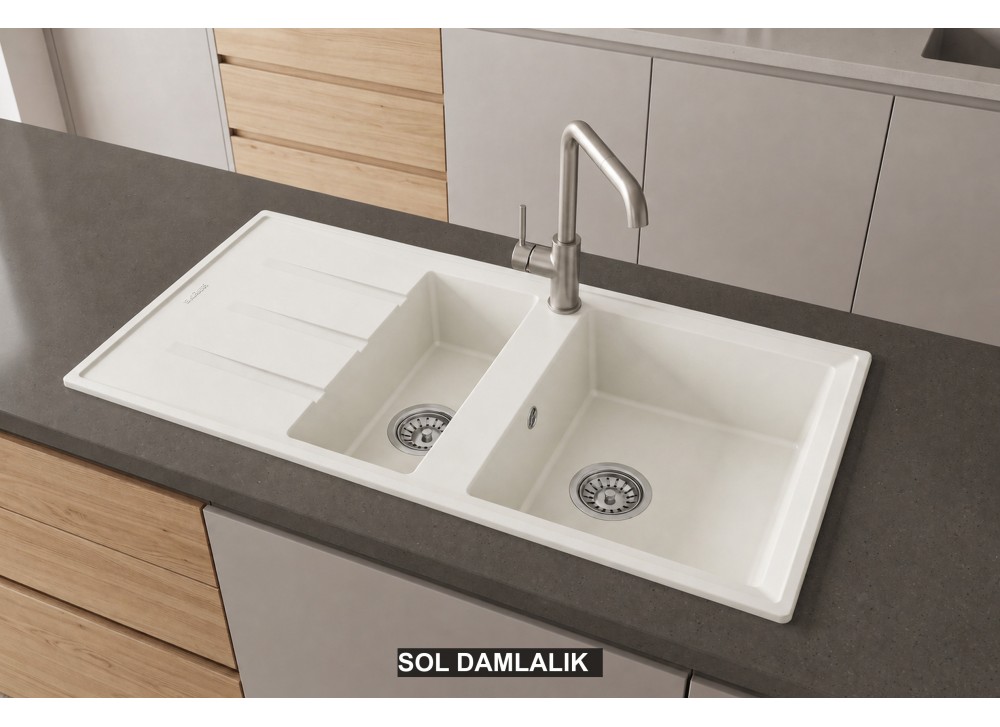 Sol Damlalıklı 100x50 cm Beyaz Granit Mutfak Evyesi RealStone Salda 100 P013 Sol Damlalıklı 100x50 cm Beyaz Granit Mutfak Evyesi RealStone Salda 100 P013