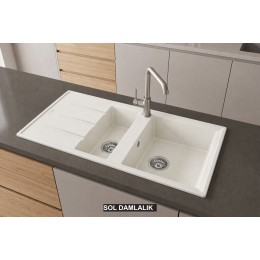 Sol Damlalıklı 100x50 cm Beyaz Granit Mutfak Evyesi RealStone Salda 100 P013