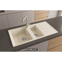 Sağ Damlalıklı 100x50 cm Krem Granit Mutfak Evyesi RealStone Salda 100 P013