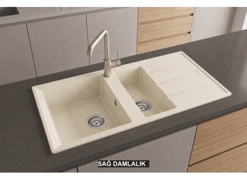 Sağ Damlalıklı 100x50 cm Krem Granit Mutfak Evyesi RealStone Salda 100 P013 Sağ Damlalıklı 100x50 cm Krem Granit Mutfak Evyesi RealStone Salda 100 P013
