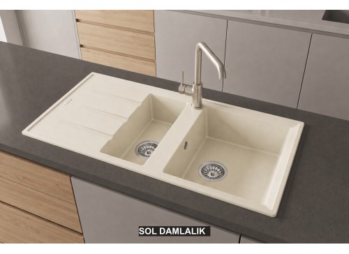 Sol Damlalıklı 100x50 cm Krem Granit Mutfak Evyesi RealStone Salda 100 P013 Sol Damlalıklı 100x50 cm Krem Granit Mutfak Evyesi RealStone Salda 100 P013