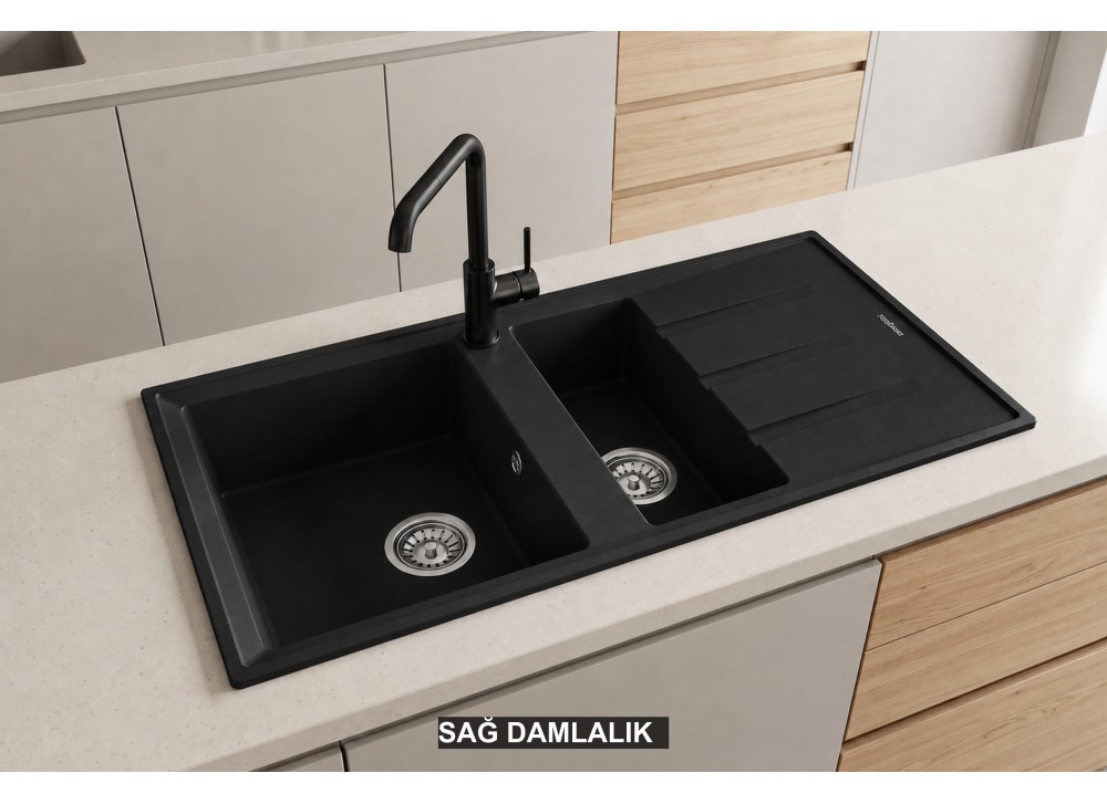 Sağ Damlalıklı 100x50 cm Siyah Granit Mutfak Evyesi RealStone Salda 100 P013 Sağ Damlalıklı 100x50 cm Siyah Granit Mutfak Evyesi RealStone Salda 100 P013