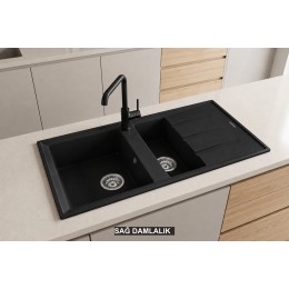Sağ Damlalıklı 100x50 cm Siyah Granit Mutfak Evyesi RealStone Salda 100 P013