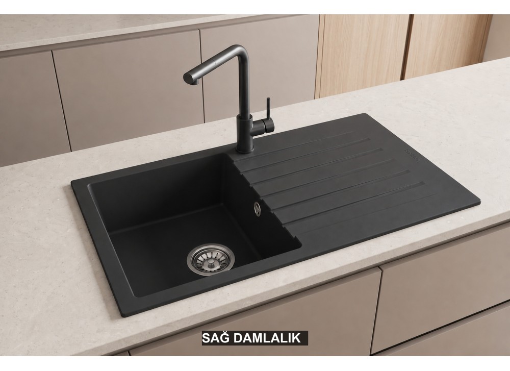 Sağ Damlalıklı 86x50 cm Antrasit Granit Mutfak Evyesi RealStone Troya 86 P004 Sağ Damlalıklı 86x50 cm Antrasit Granit Mutfak Evyesi RealStone Troya 86 P004