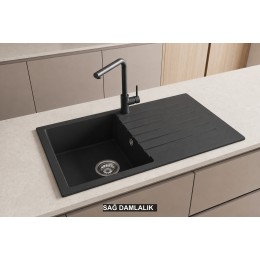 Sağ Damlalıklı 86x50 cm Antrasit Granit Mutfak Evyesi RealStone Troya 86 P004