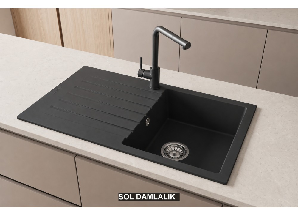 Sol Damlalıklı 86x50 cm Antrasit Granit Mutfak Evyesi RealStone Troya 86 P004 Sol Damlalıklı 86x50 cm Antrasit Granit Mutfak Evyesi RealStone Troya 86 P004