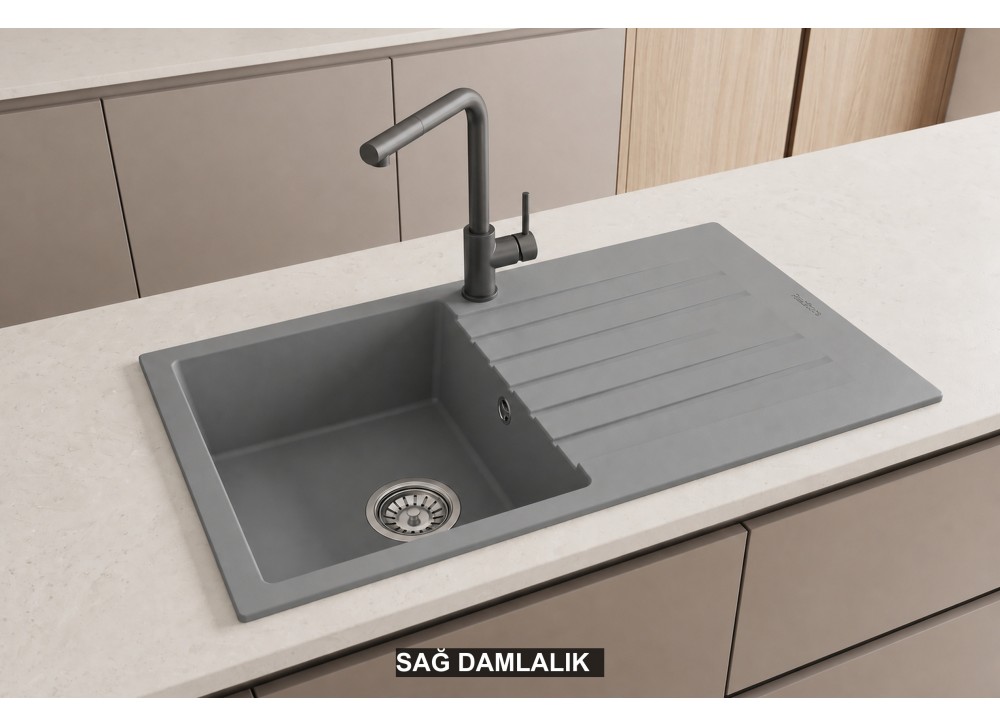 Sağ Damlalıklı 86x50 cm Gri Granit Mutfak Evyesi RealStone Troya 86 P004 Sağ Damlalıklı 86x50 cm Gri Granit Mutfak Evyesi RealStone Troya 86 P004