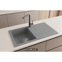 Sağ Damlalıklı 86x50 cm Gri Granit Mutfak Evyesi RealStone Troya 86 P004