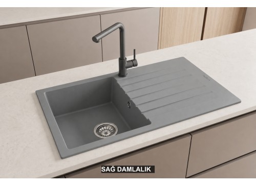 Sağ Damlalıklı 86x50 cm Gri Granit Mutfak Evyesi RealStone Troya 86 P004 Sağ Damlalıklı 86x50 cm Gri Granit Mutfak Evyesi RealStone Troya 86 P004