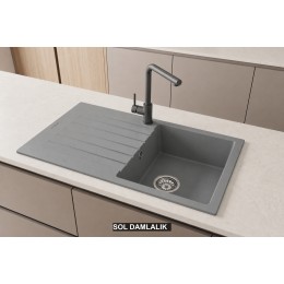Sol Damlalıklı 86x50 cm Gri Granit Mutfak Evyesi RealStone Troya 86 P004