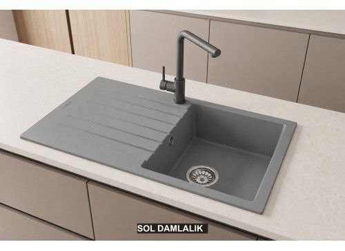 Sol Damlalıklı 86x50 cm Gri Granit Mutfak Evyesi RealStone Troya 86 P004 Sol Damlalıklı 86x50 cm Gri Granit Mutfak Evyesi RealStone Troya 86 P004