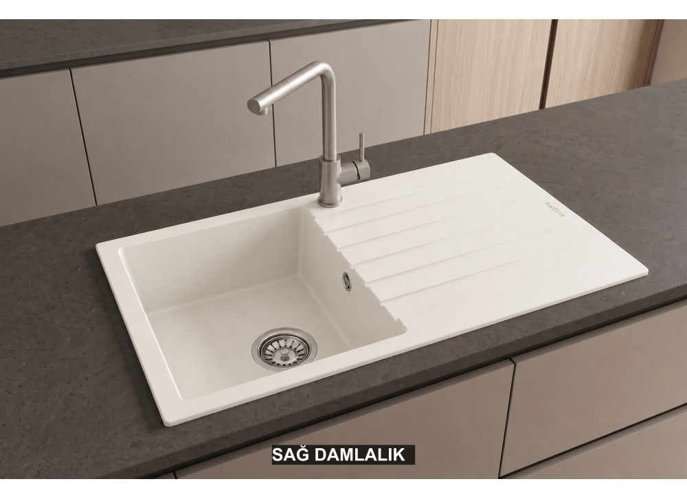 Sağ Damlalıklı 86x50 cm Beyaz Granit Mutfak Evyesi RealStone Troya 86 P004 Sağ Damlalıklı 86x50 cm Beyaz Granit Mutfak Evyesi RealStone Troya 86 P004