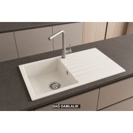 Sağ Damlalıklı 86x50 cm Beyaz Granit Mutfak Evyesi RealStone Troya 86 P004