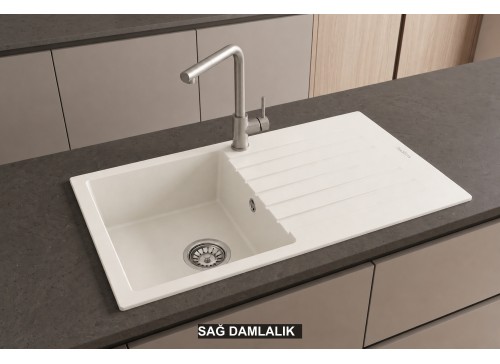 Sağ Damlalıklı 86x50 cm Beyaz Granit Mutfak Evyesi RealStone Troya 86 P004 Sağ Damlalıklı 86x50 cm Beyaz Granit Mutfak Evyesi RealStone Troya 86 P004