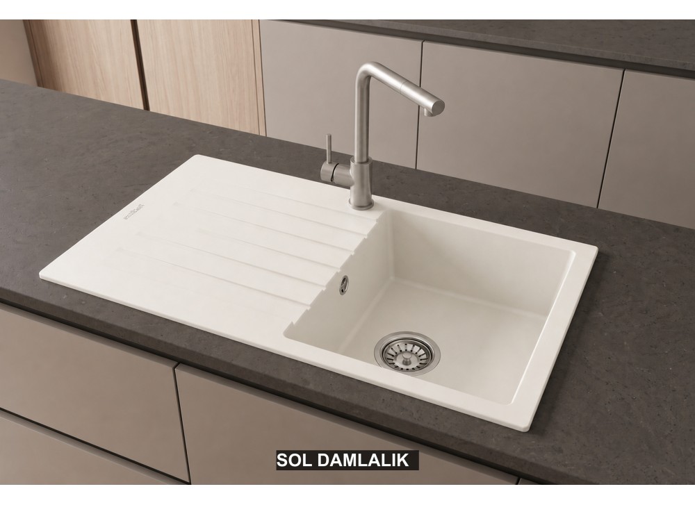 Sol Damlalıklı 86x50 cm Beyaz Granit Mutfak Evyesi RealStone Troya 86 P004 Sol Damlalıklı 86x50 cm Beyaz Granit Mutfak Evyesi RealStone Troya 86 P004