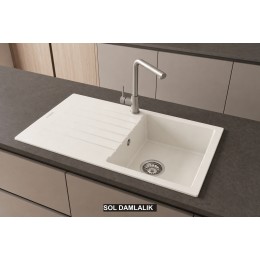 Sol Damlalıklı 86x50 cm Beyaz Granit Mutfak Evyesi RealStone Troya 86 P004
