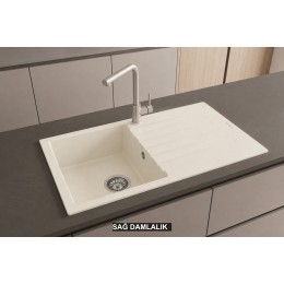 Sağ Damlalıklı 86x50 cm Krem Granit Mutfak Evyesi RealStone Troya 86 P004